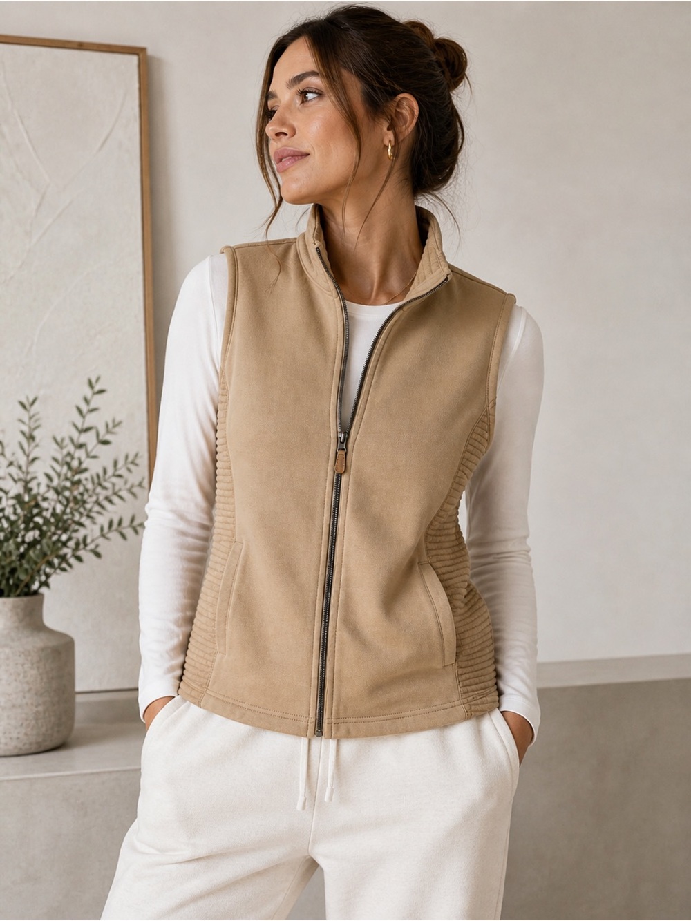 The Sweatshirt Project Fleece Vest L Tan Zip Up Lightweight Layered Casual